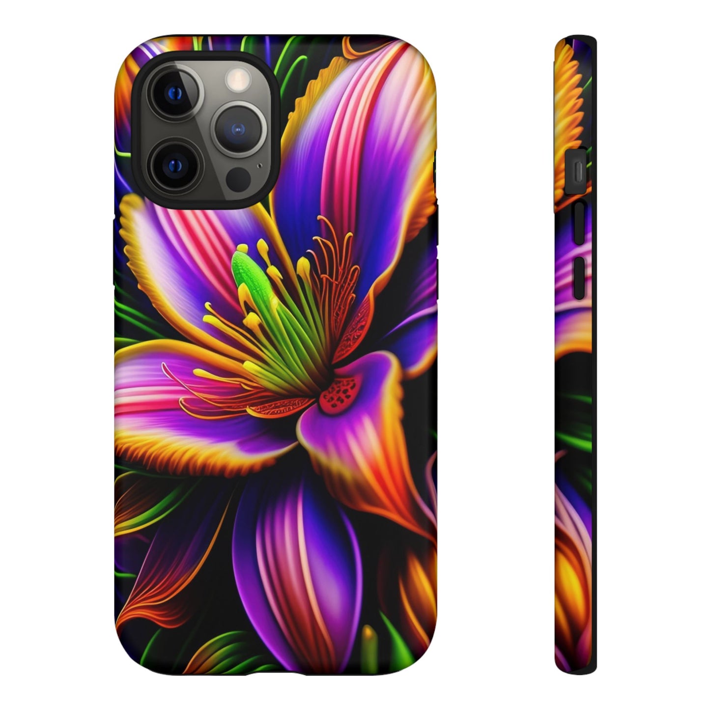 Floral Neon Tough Phone Case — Vivid Purple & Orange Lily Protective Cover