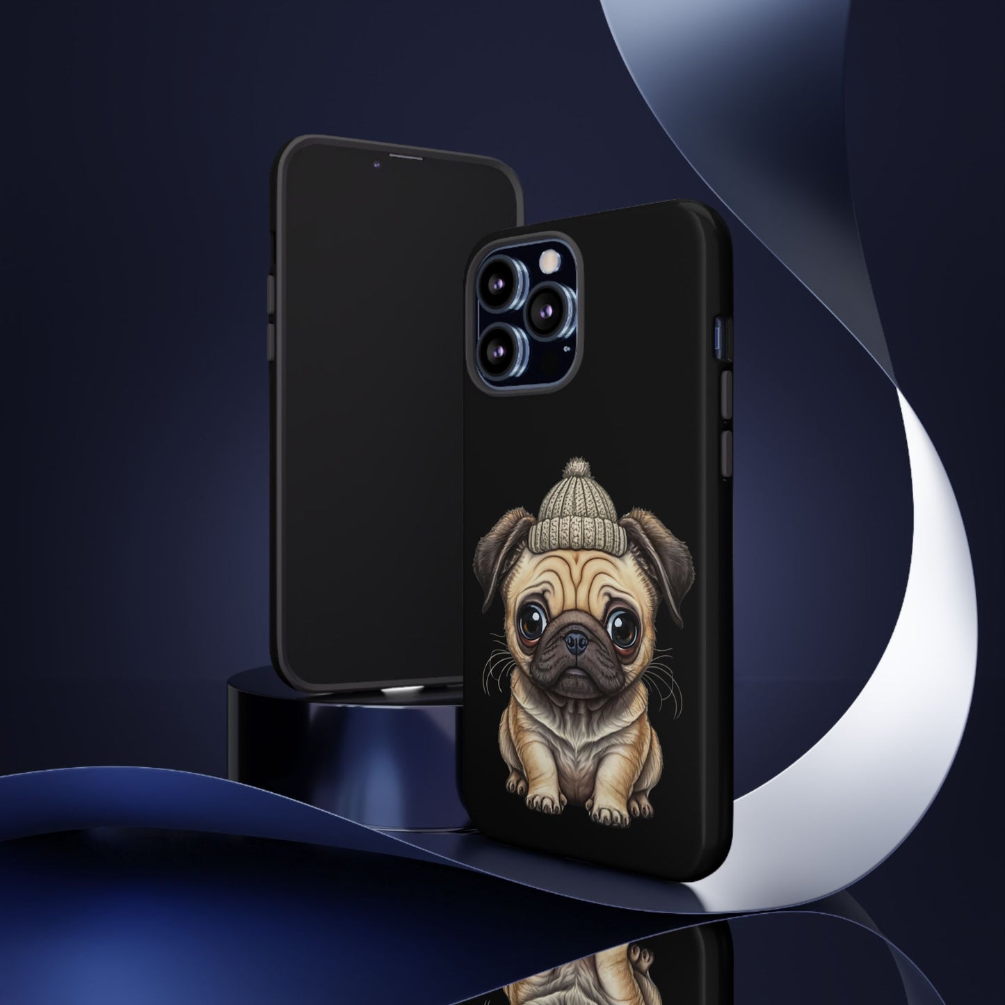 Pug Phone Case – Cute Pug Puppy Illustration on Black Tough Case