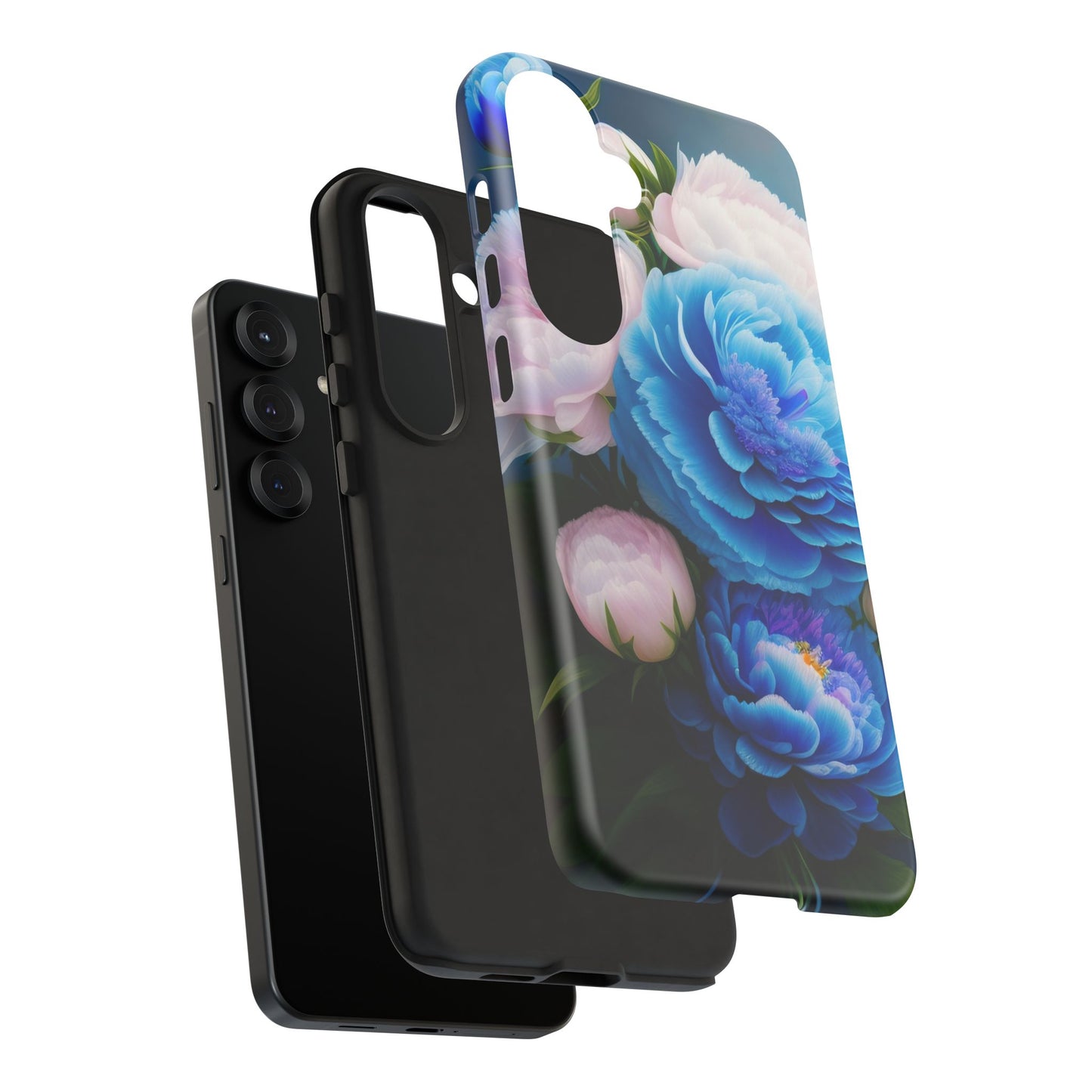 Floral Blue Peony Phone Case — Protective Tough Case with Pink & Blue Blooms