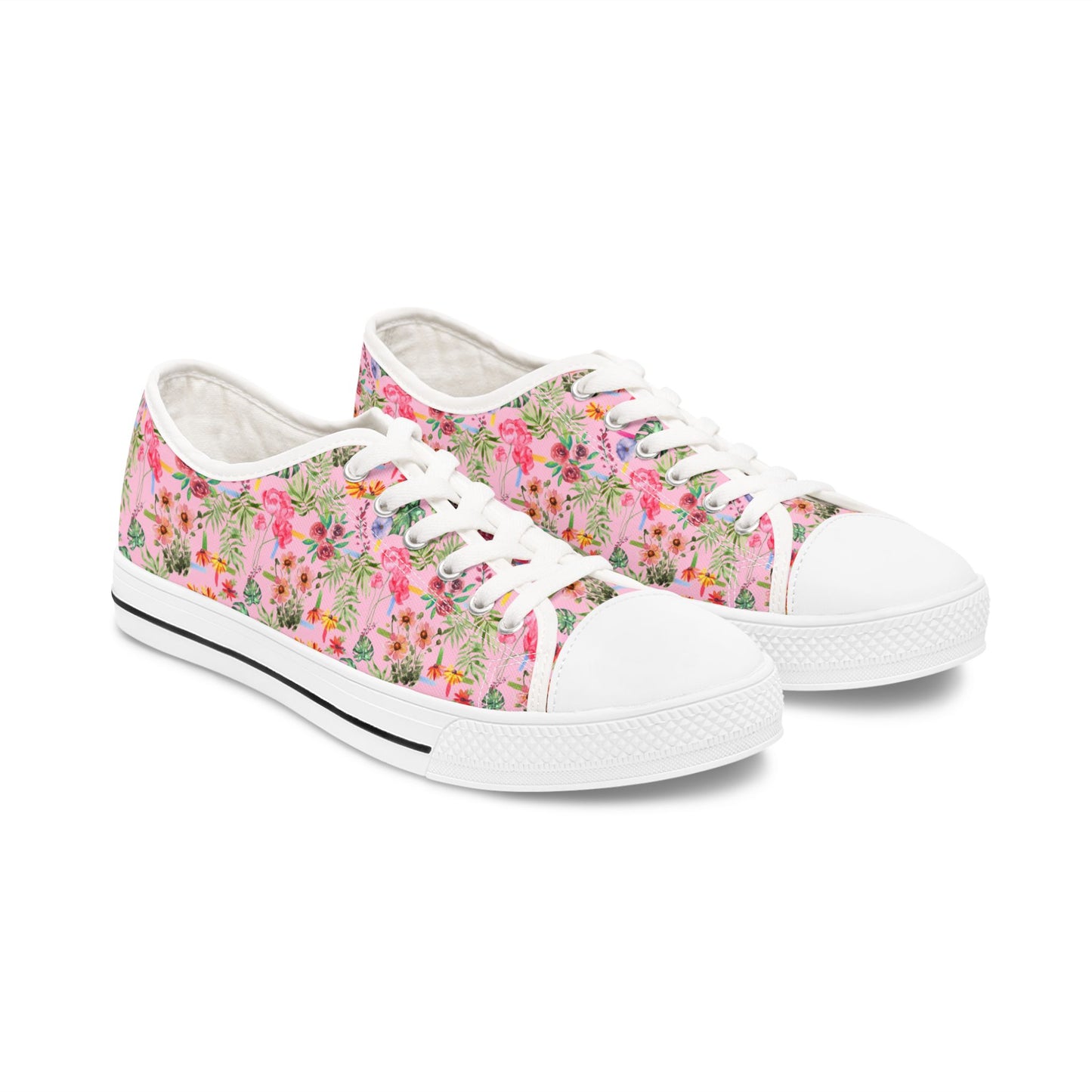 Floral Pink Low Top Sneakers — Women's Garden Print Casual Shoes