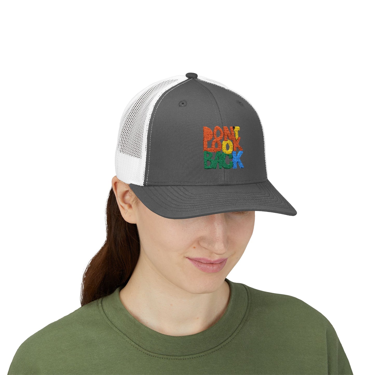 Don’t Look Back Snapback Trucker Cap — Retro Rainbow Embroidered Hat