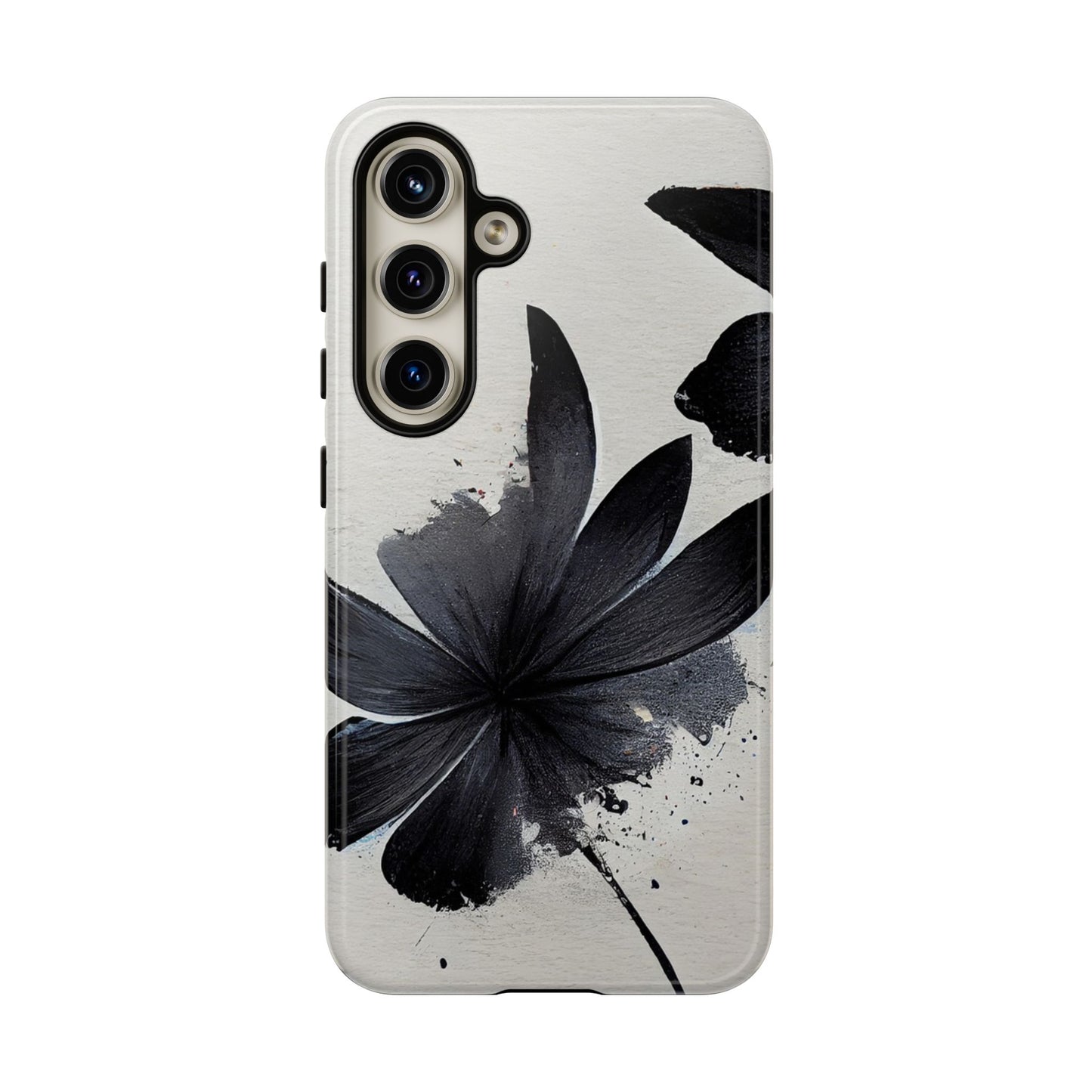 Monochrome Floral Tough Phone Case — Black Ink Flower Protective Cover