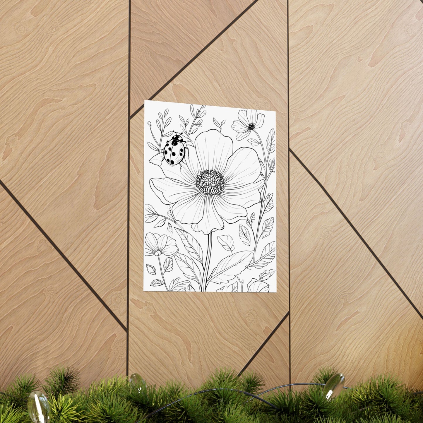 Botanical Ladybug Matte Poster — Floral Line Art Vertical Wall Print