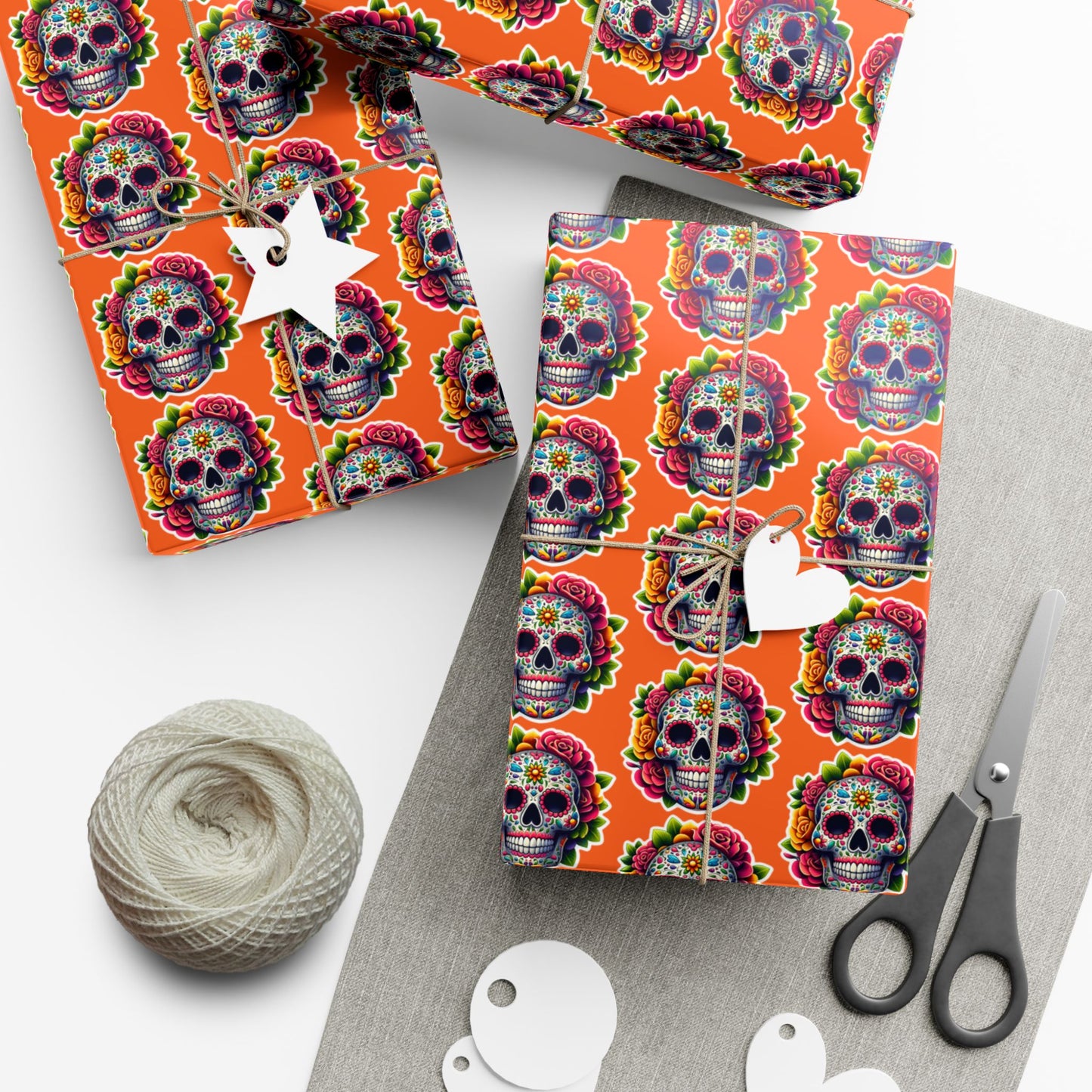 Day of the Dead Sugar Skull Gift Wrap Paper — Vibrant Orange Mexican Holiday Wrapping