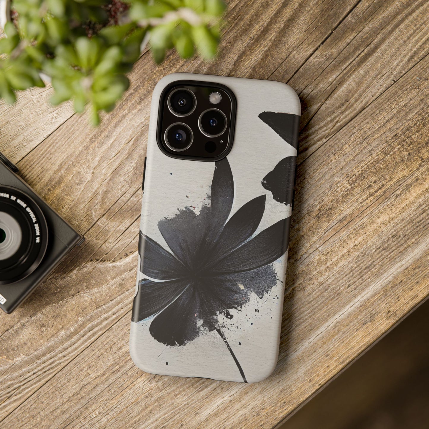 Monochrome Floral Tough Phone Case — Black Ink Flower Protective Cover