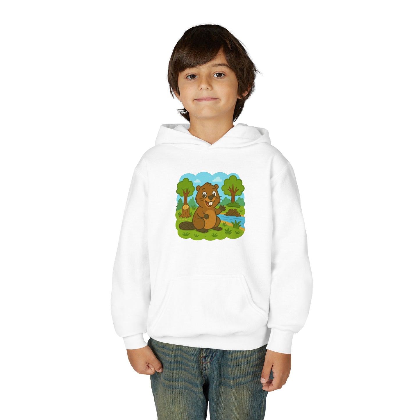 Cartoon Beaver Forest Scene Youth Hoodie | Woodland Animal Kids Sweatshirt