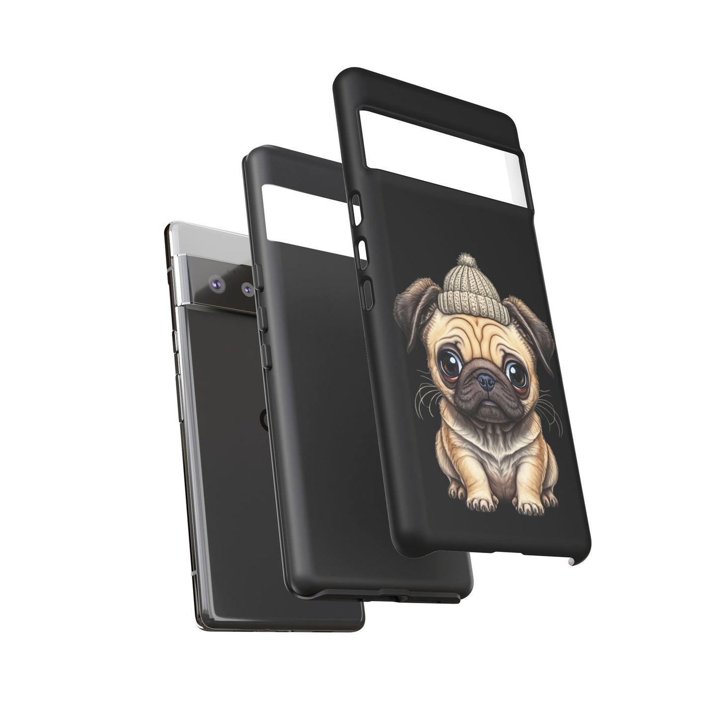 Pug Phone Case – Cute Pug Puppy Illustration on Black Tough Case
