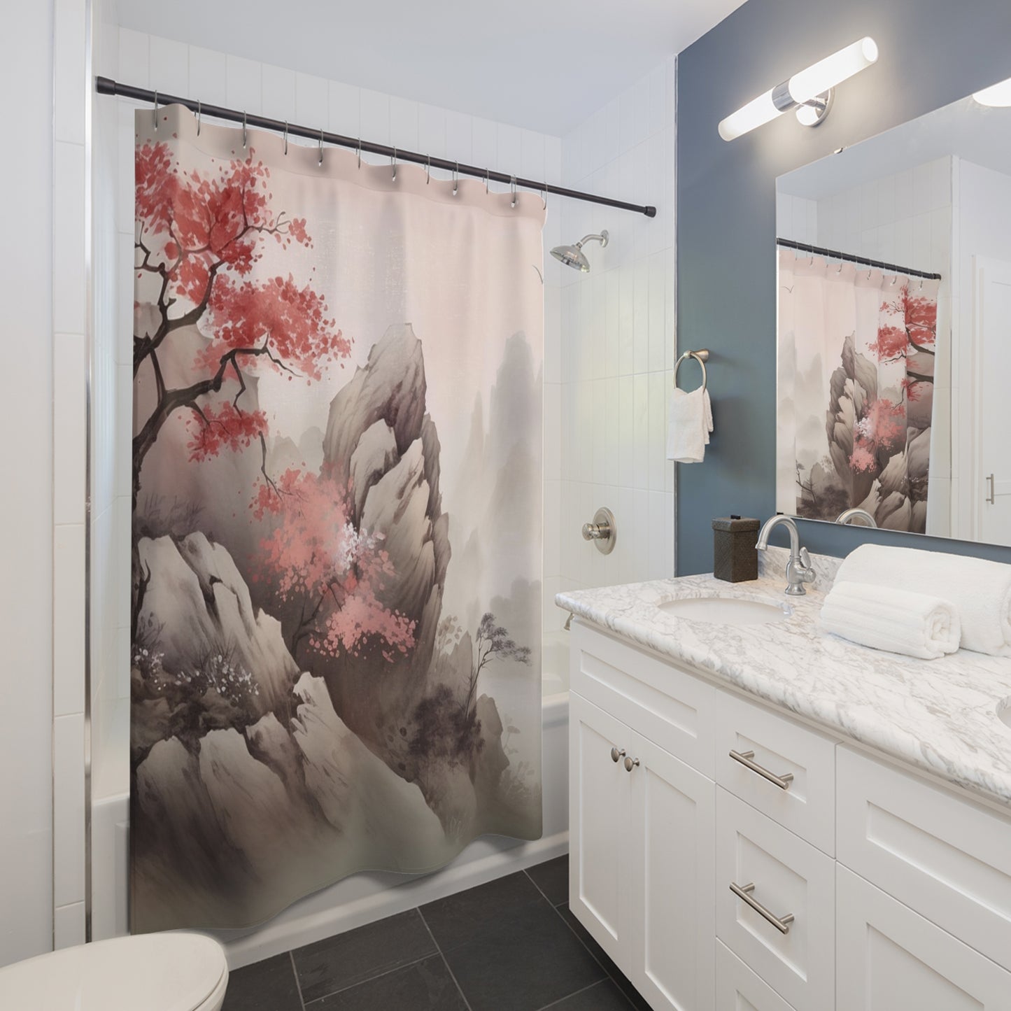 Asian Landscape Shower Curtain — Cherry Blossom Mountain Mist Bathroom Decor