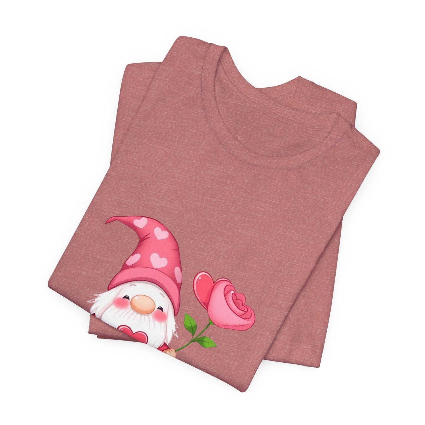 Valentine Gnome T‑Shirt — Cute Pink Gnome Holding Rose Tee
