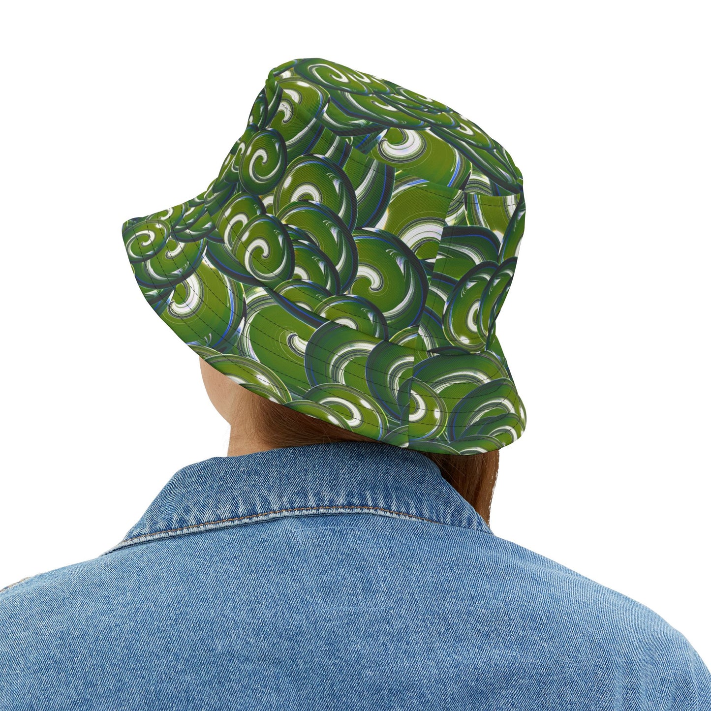 Green Swirl Pattern Bucket Hat – All-Over Print Casual Sun Hat