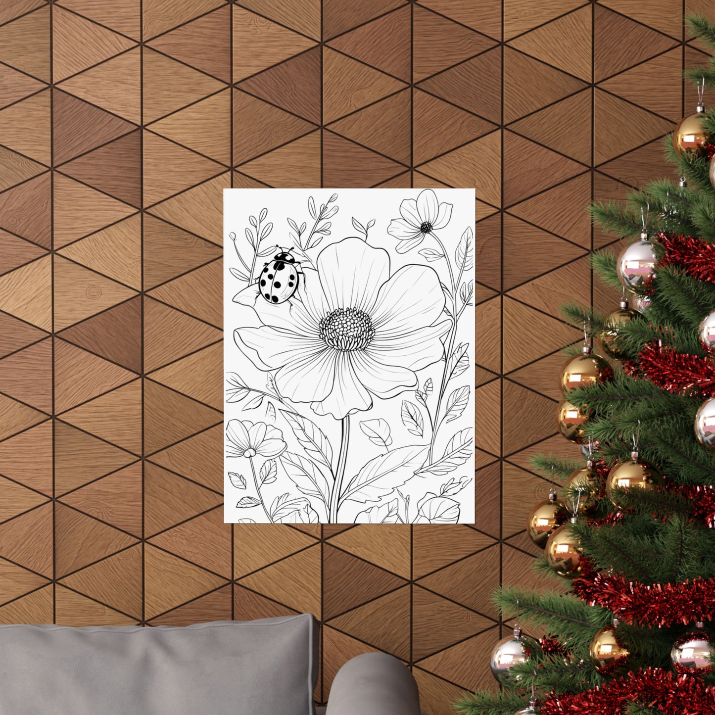 Botanical Ladybug Matte Poster — Floral Line Art Vertical Wall Print