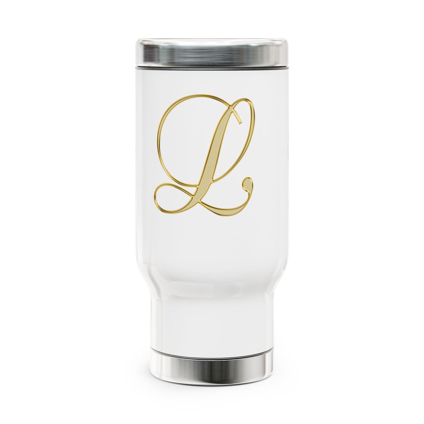 Monogram L Gold Travel Mug — 14oz Stainless Steel Tumbler with Handle