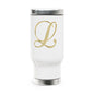 Monogram L Gold Travel Mug — 14oz Stainless Steel Tumbler with Handle