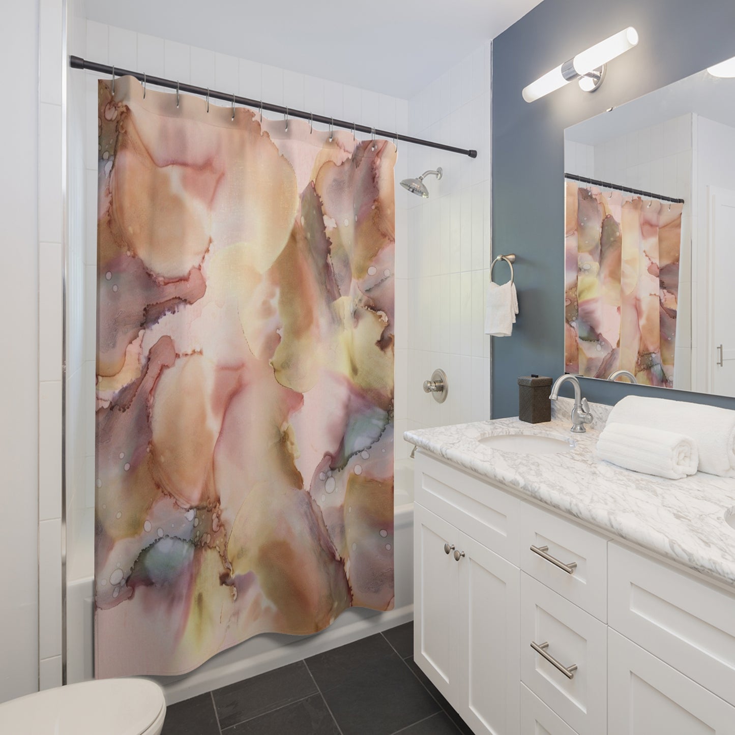 Abstract Watercolor Shower Curtain — Blush, Mauve & Gold Bathroom Decor