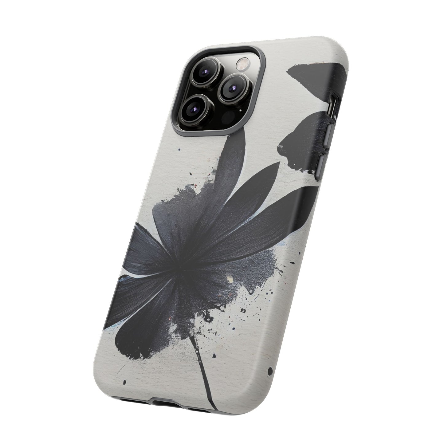 Monochrome Floral Tough Phone Case — Black Ink Flower Protective Cover