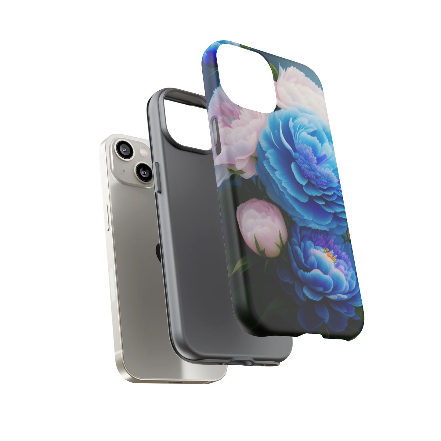 Floral Blue Peony Phone Case — Protective Tough Case with Pink & Blue Blooms