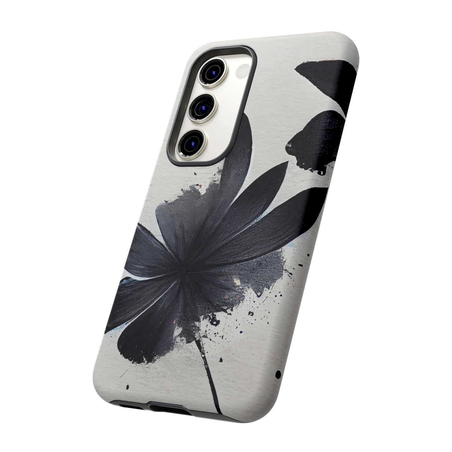 Monochrome Floral Tough Phone Case — Black Ink Flower Protective Cover
