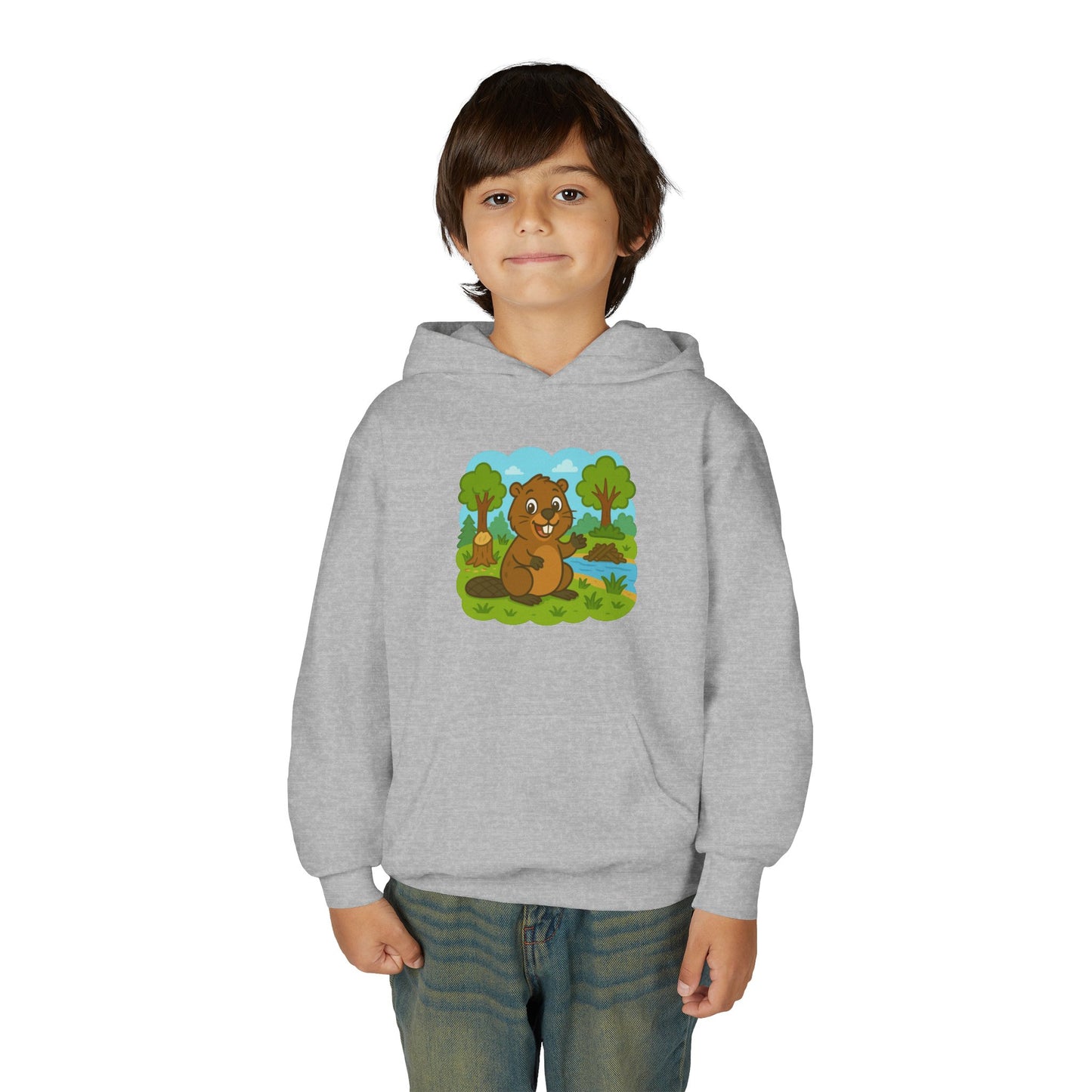 Cartoon Beaver Forest Scene Youth Hoodie | Woodland Animal Kids Sweatshirt