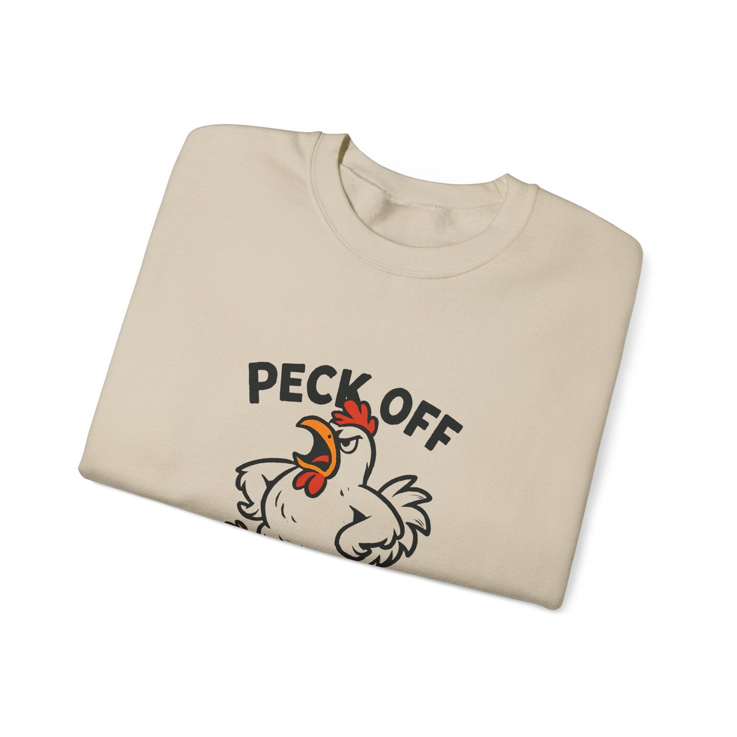 Crewneck Sweatshirt — 'Peck Off' Funny Angry Chicken Graphic