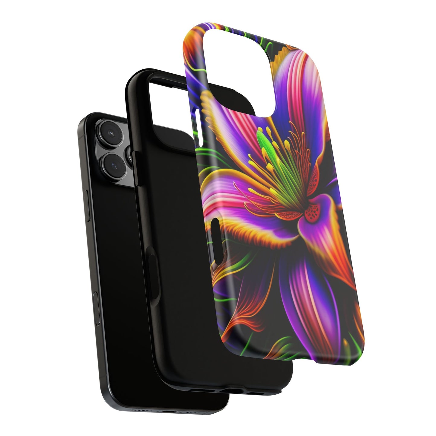 Floral Neon Tough Phone Case — Vivid Purple & Orange Lily Protective Cover