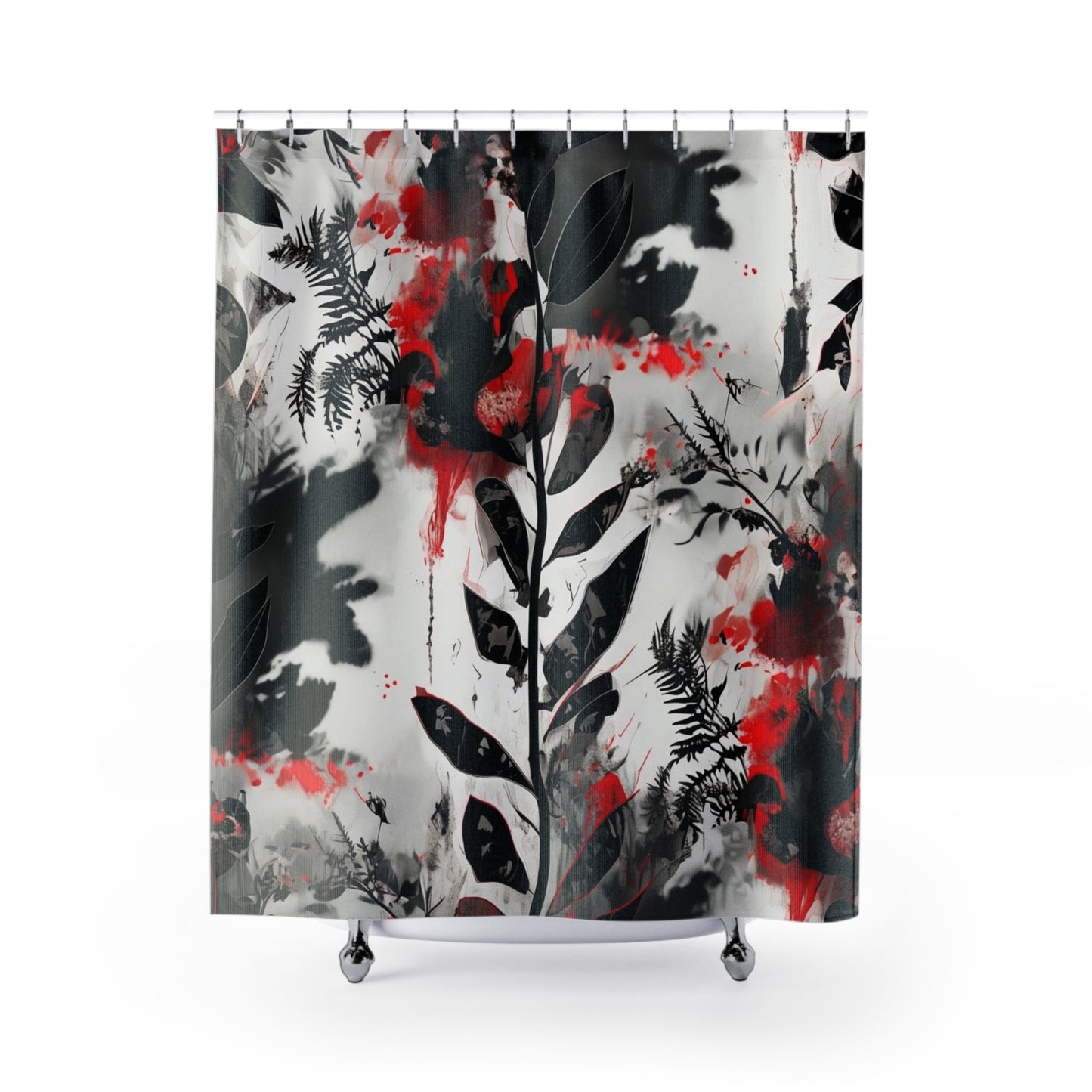 Abstract Red & Black Botanical Shower Curtain — Watercolor Floral Splash