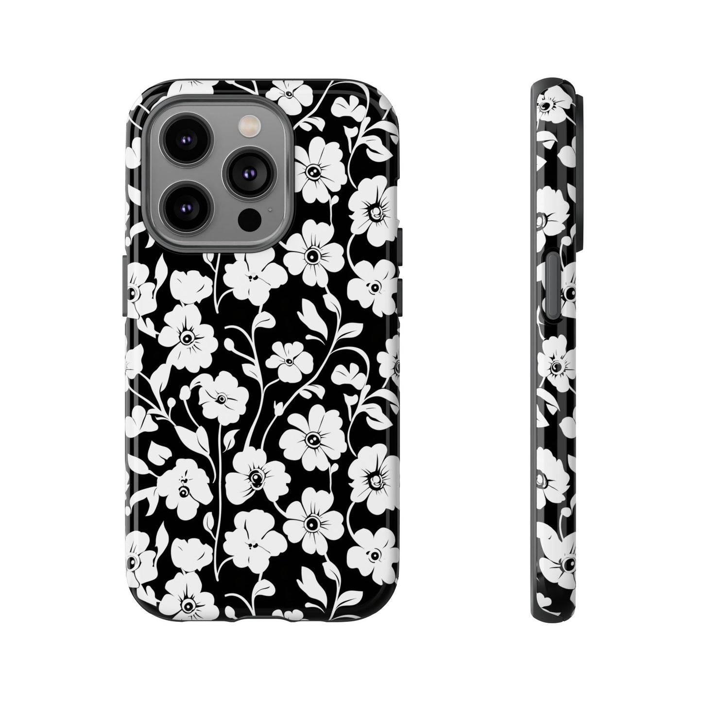 Floral Noir Tough Phone Case — Black & White Flower Protective Cover