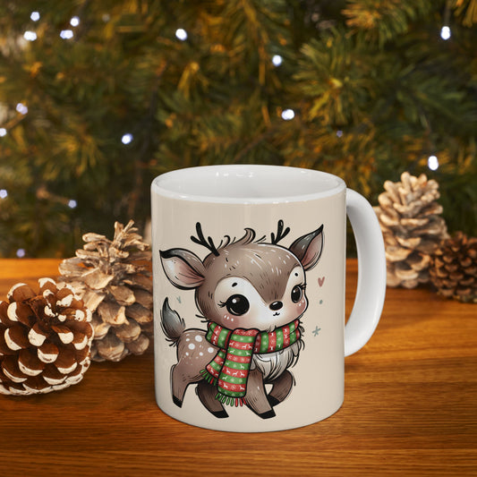 Cute Reindeer Mug — Christmas Deer Ceramic Coffee Cup (11oz & 15oz)