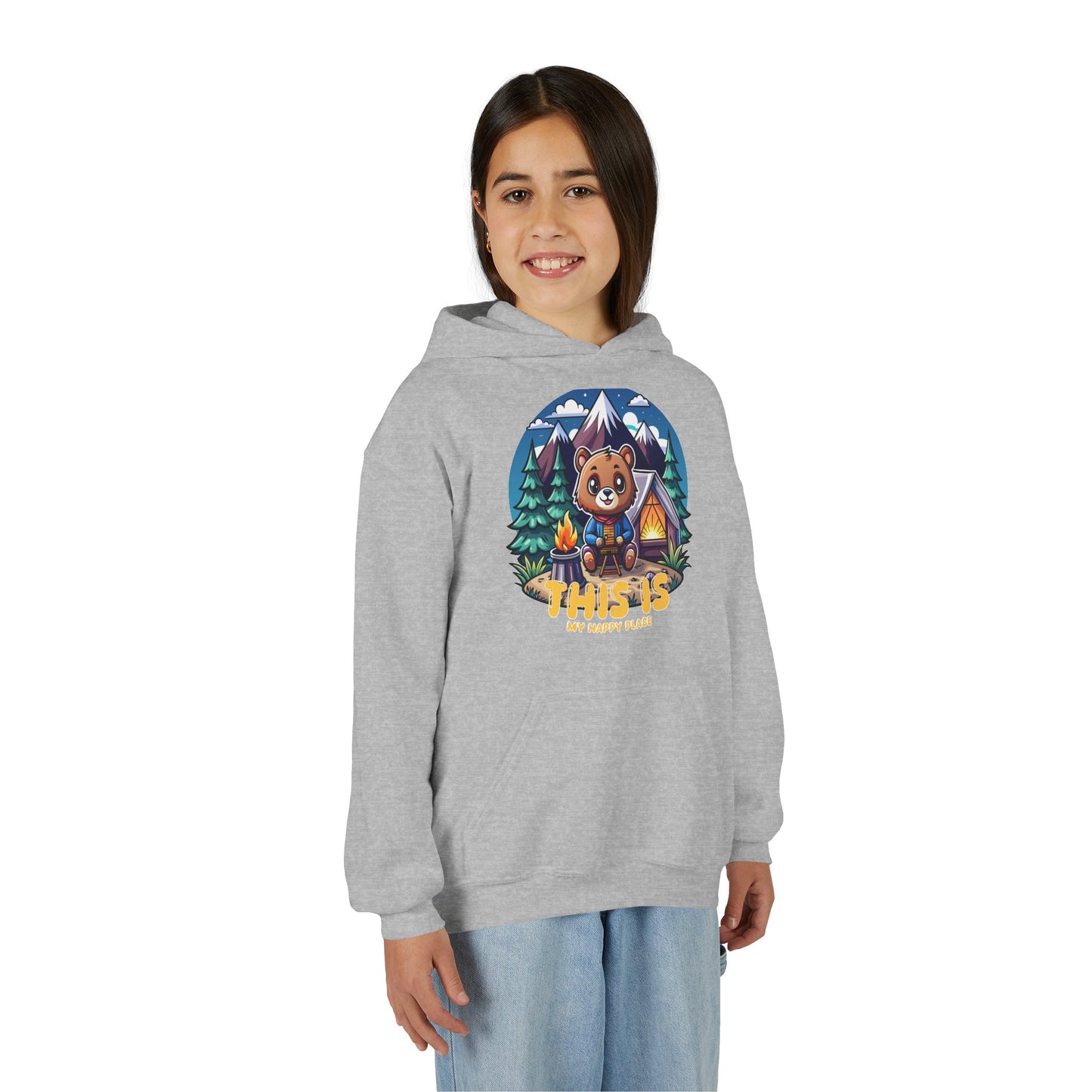 Youth Bear Camping Hoodie — "This is My Happy Place" Cozy Kid’s Outdoor Sweatshirt