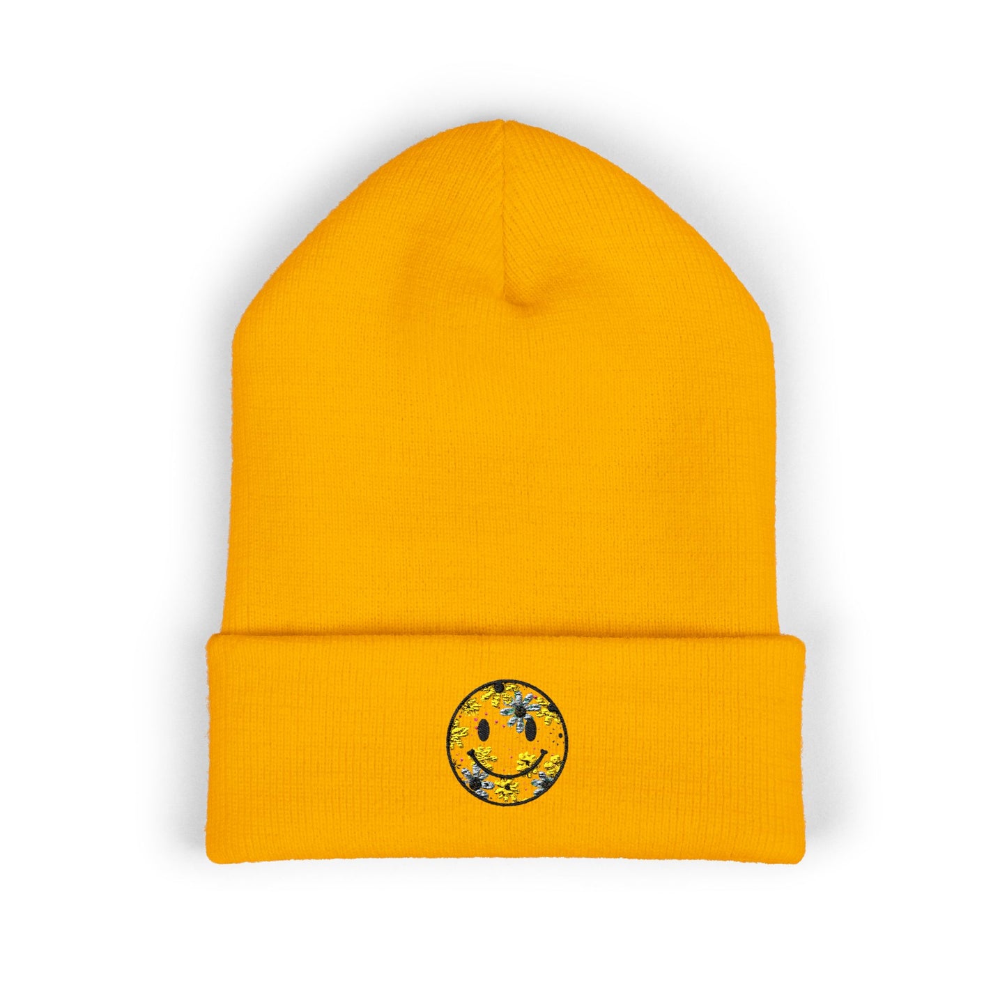 Smiley Daisy Embroidered Beanie — Cute Floral Smile Patch Cuffed Hat