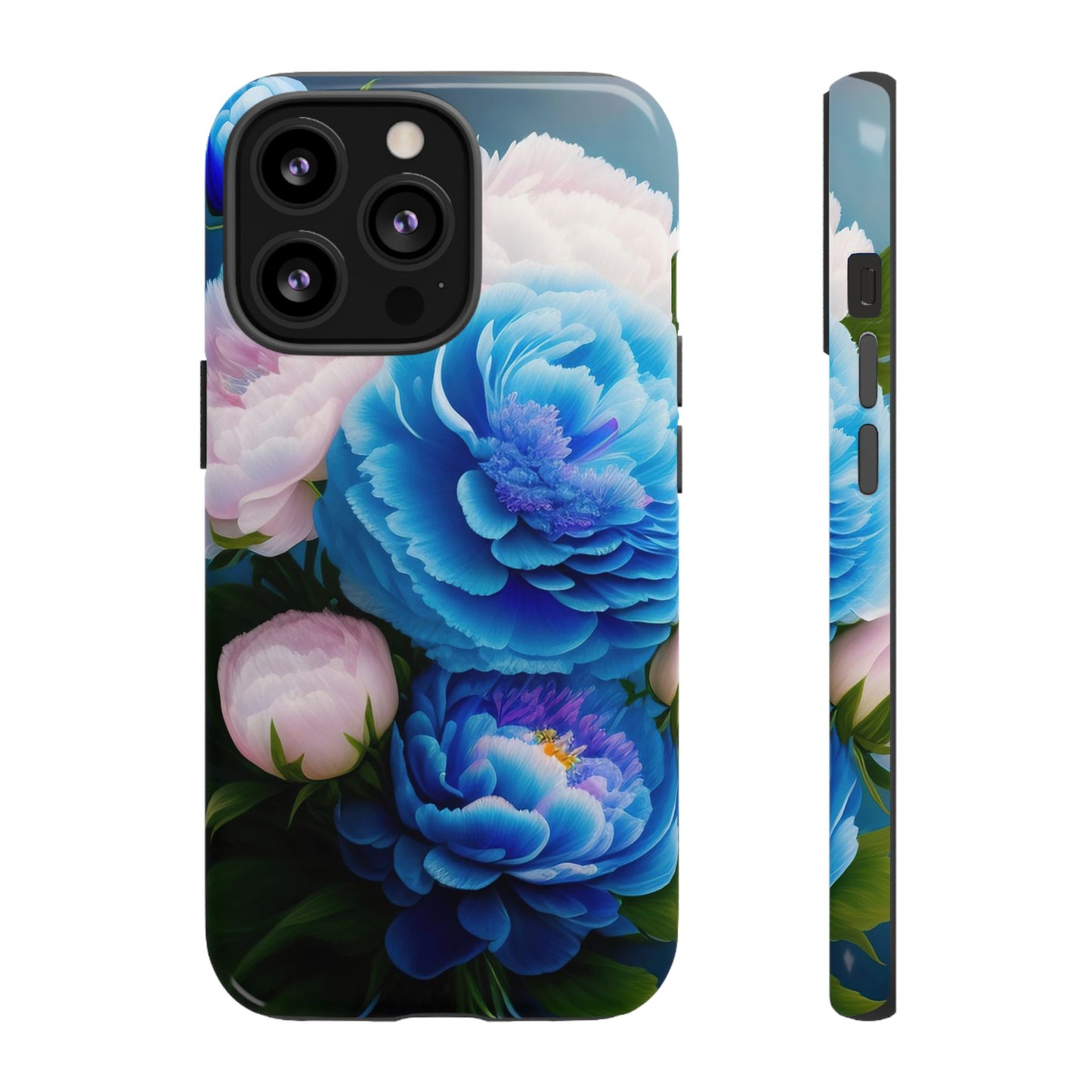 Floral Blue Peony Phone Case — Protective Tough Case with Pink & Blue Blooms