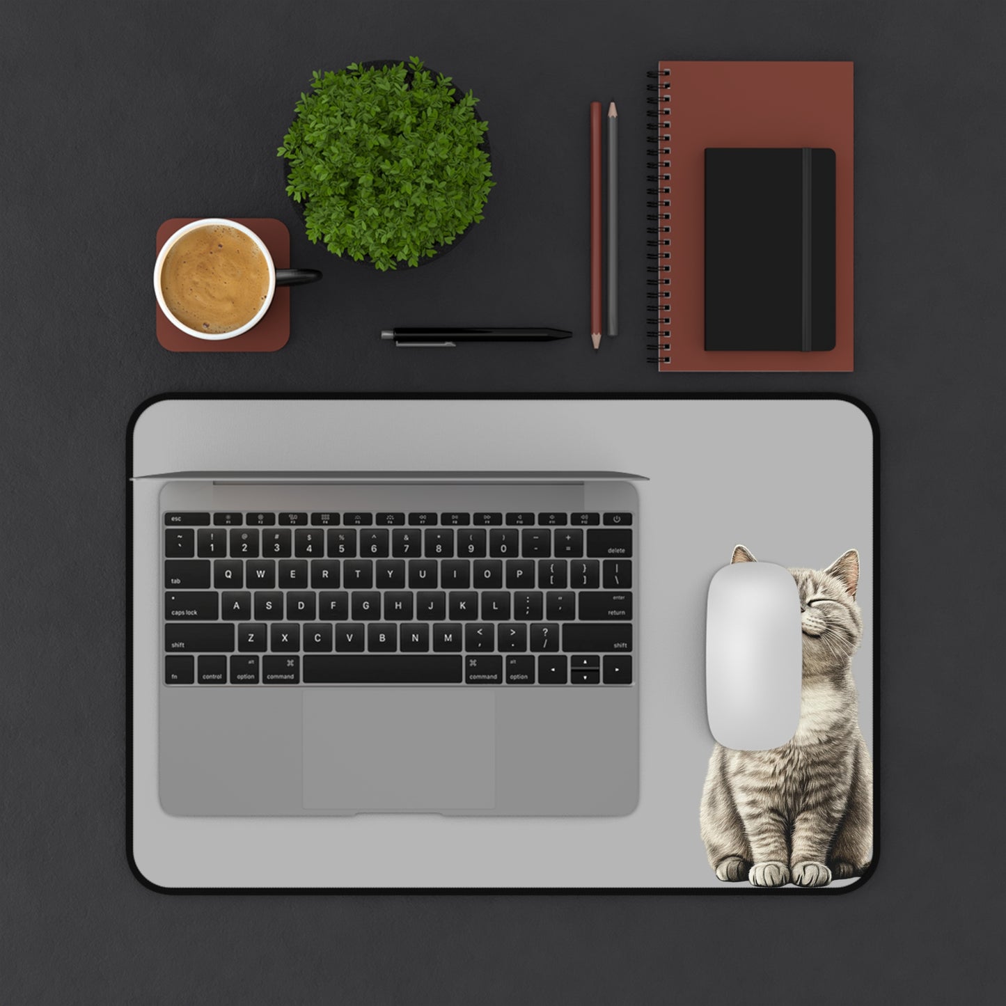 Smiling Cat Desk Mat — Cute Grey Mousepad for Home Office & Gamers