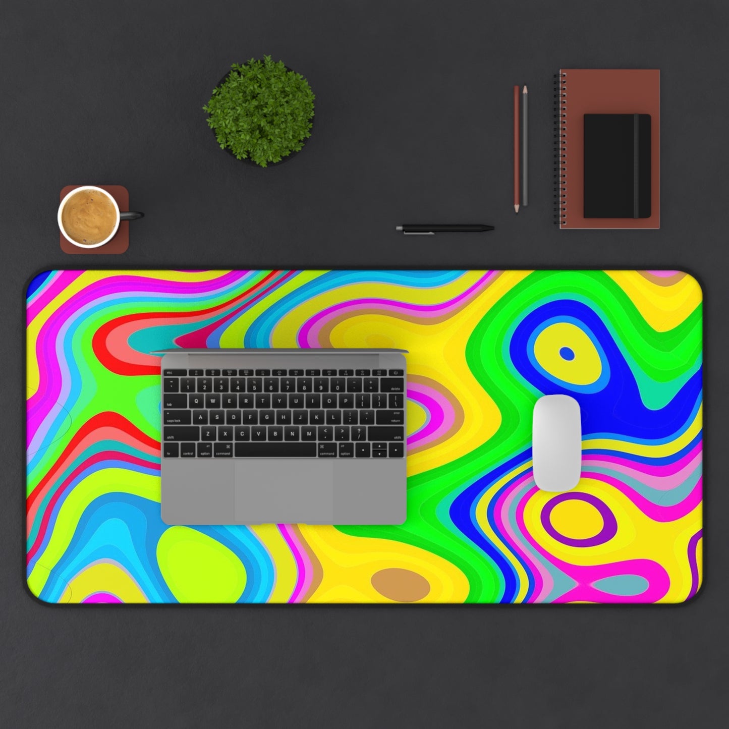 Psychedelic Swirl Desk Mat — Bright Retro Abstract Mouse Pad