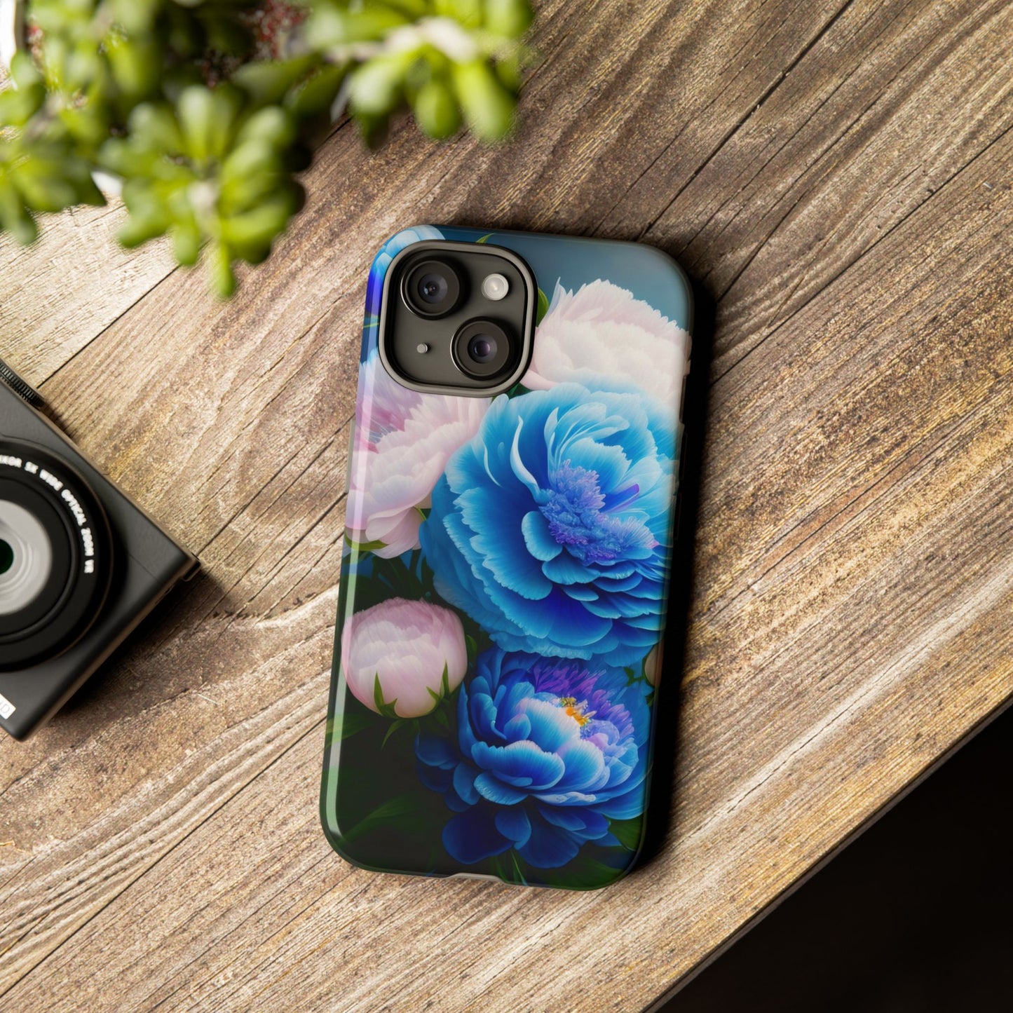 Floral Blue Peony Phone Case — Protective Tough Case with Pink & Blue Blooms