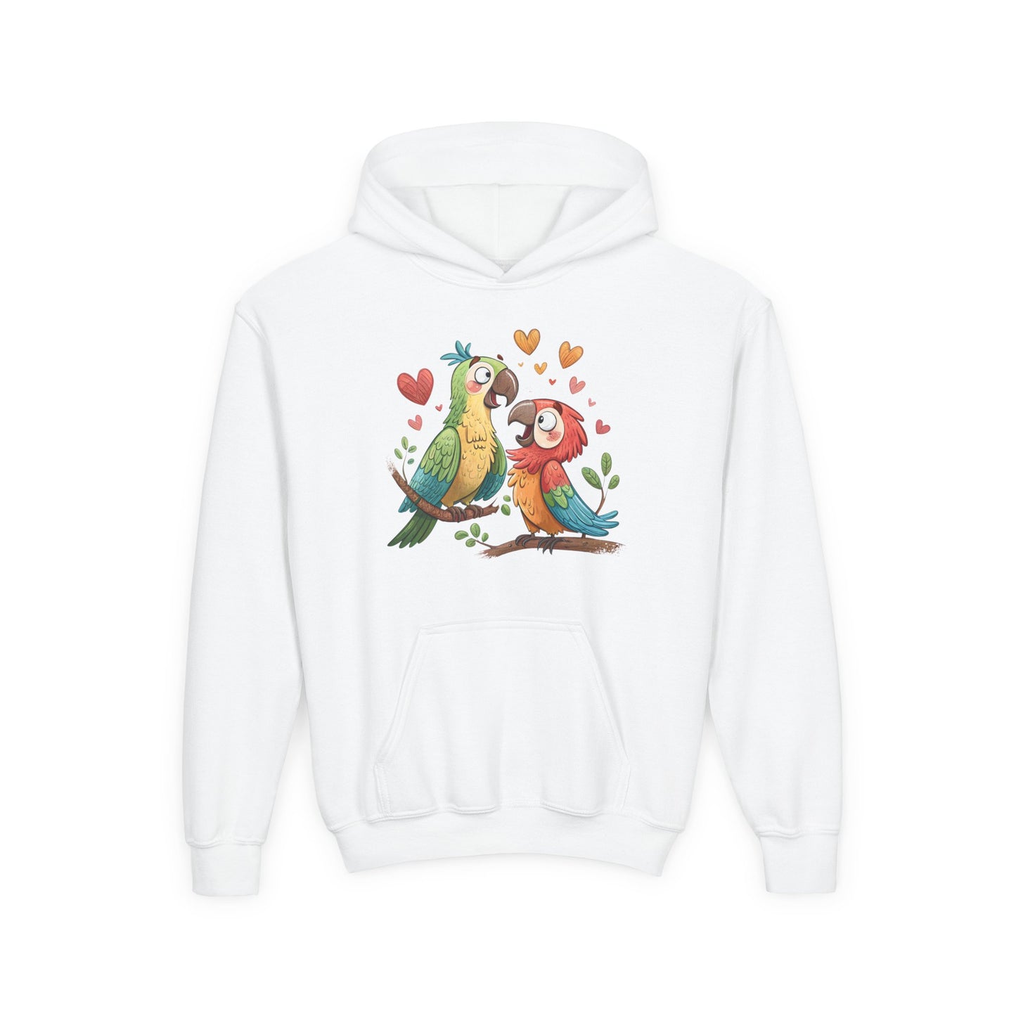 Youth Hoodie — Cute Parrot Couple Illustration (Hearts, Kids Pullover)