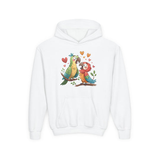 Youth Hoodie — Cute Parrot Couple Illustration (Hearts, Kids Pullover)