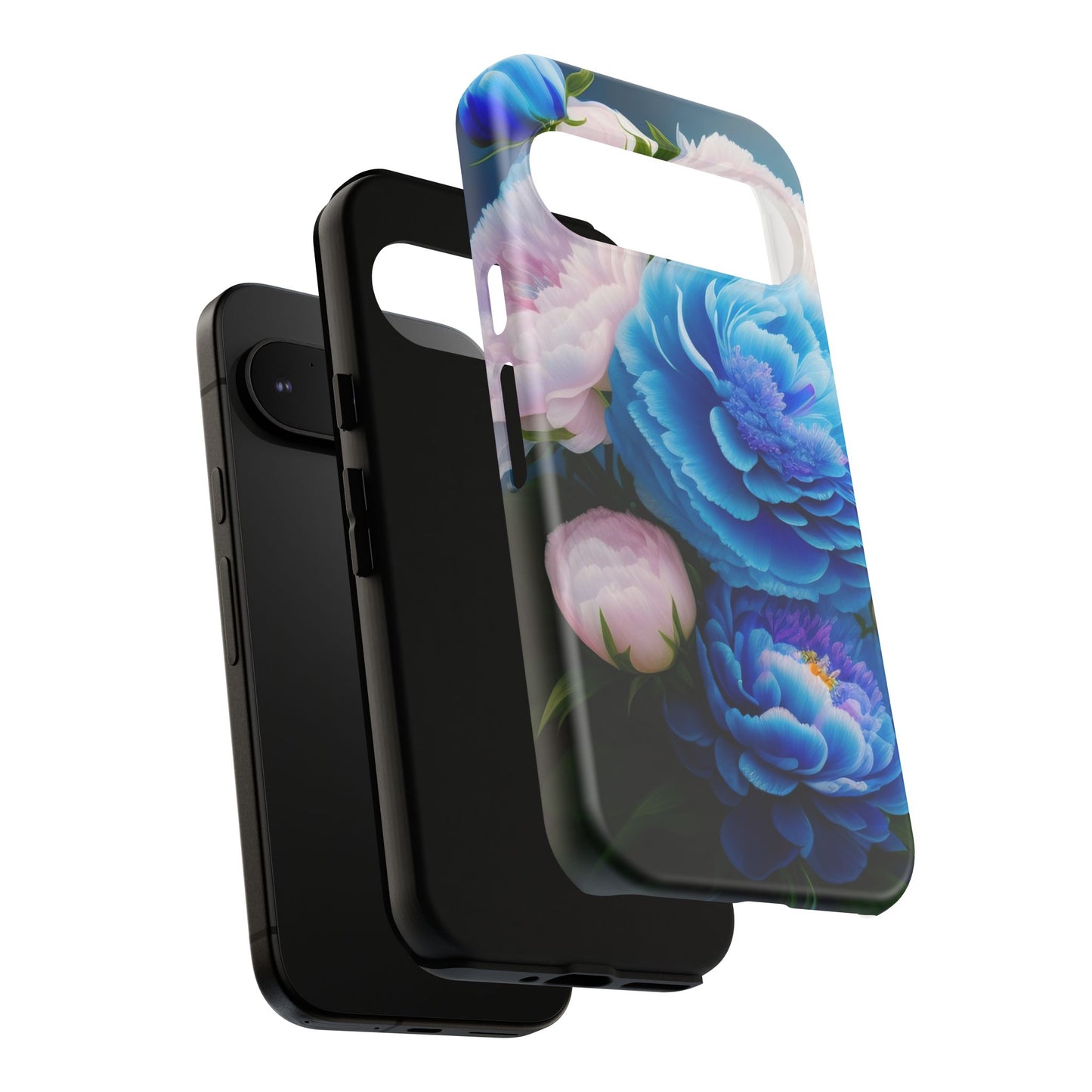 Floral Blue Peony Phone Case — Protective Tough Case with Pink & Blue Blooms