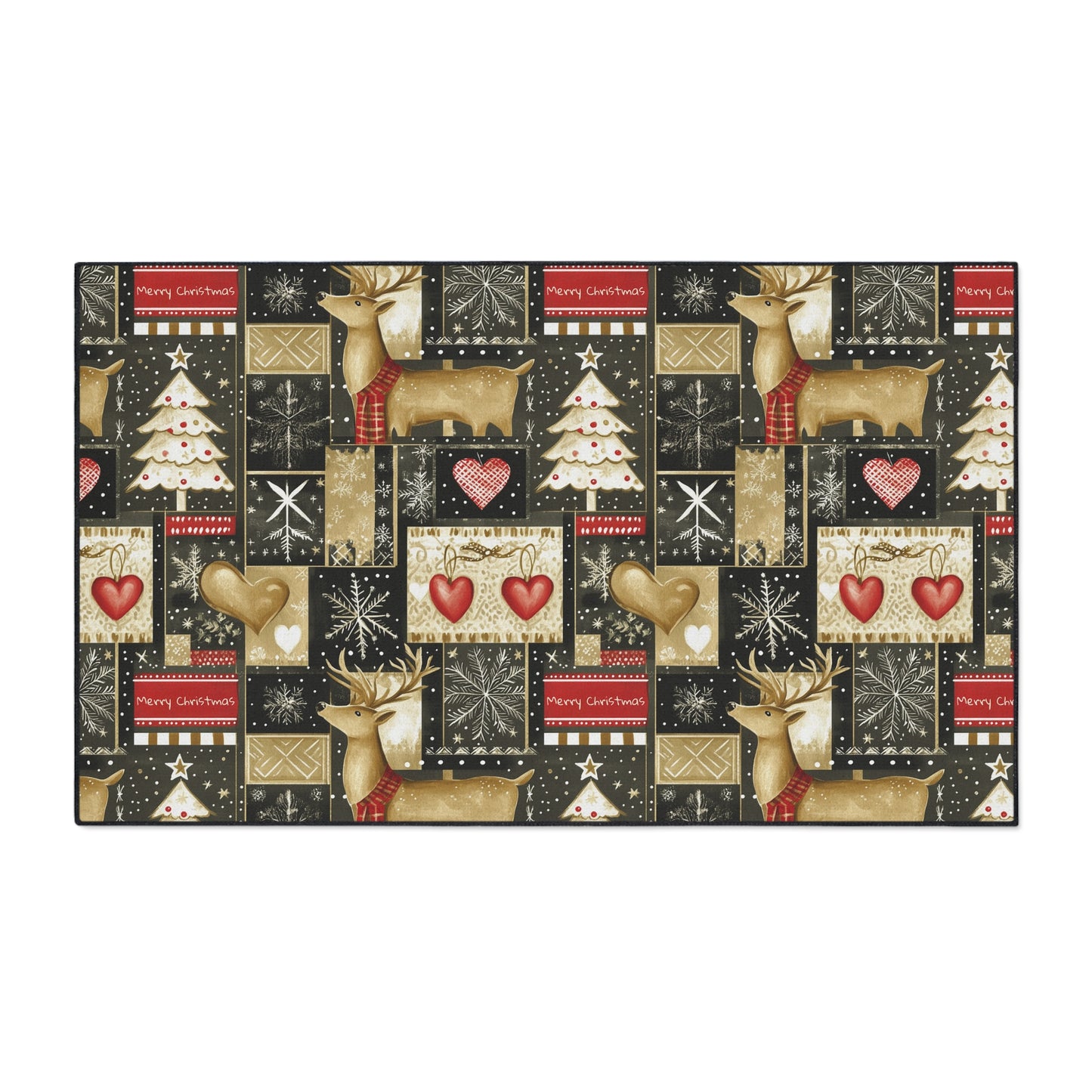 Christmas Reindeer Patchwork Floor Mat — Heavy Duty Holiday Entry Rug