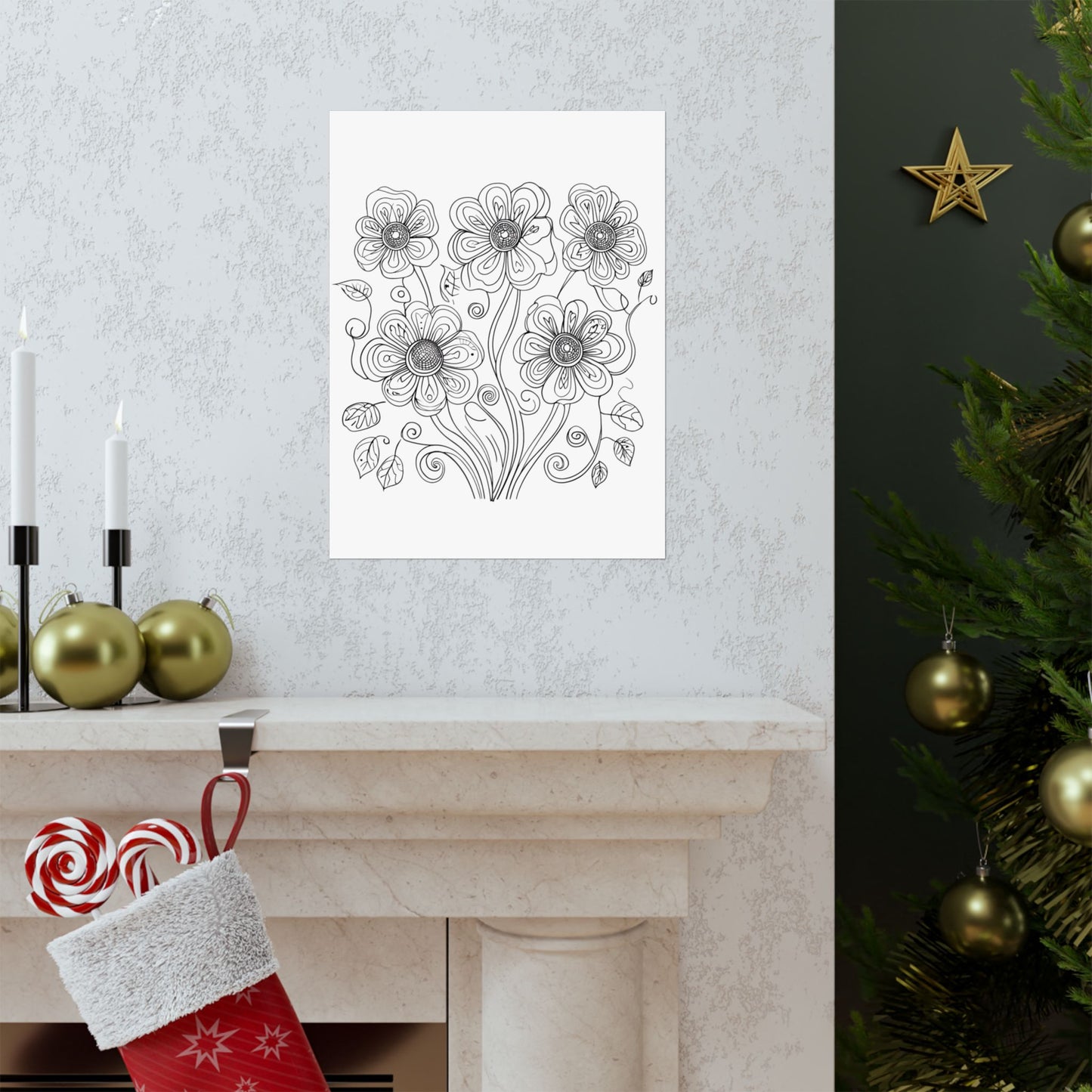 Floral Line Art Poster — Black & White Daisy Bouquet Matte Print - DIY