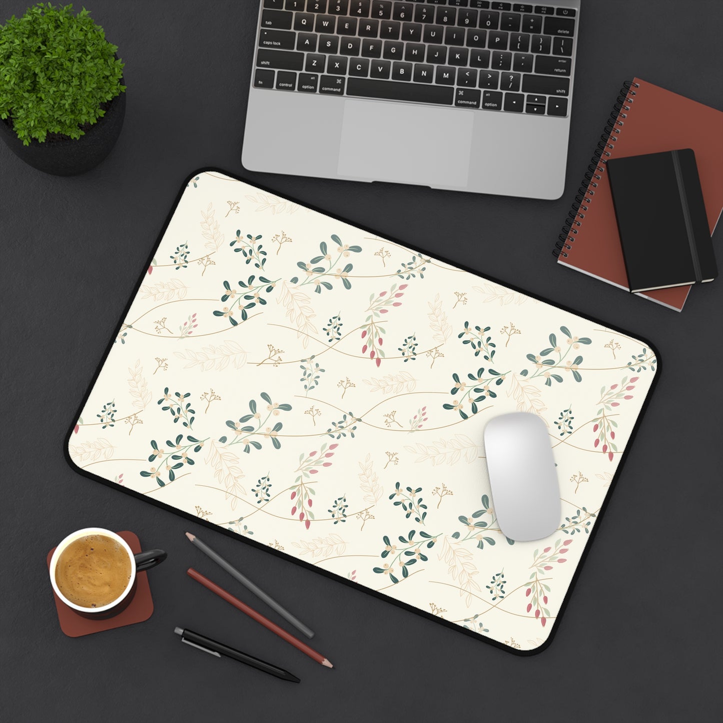 Floral Vine Desk Mat — Cream Botanical Mouse Pad for Home Office