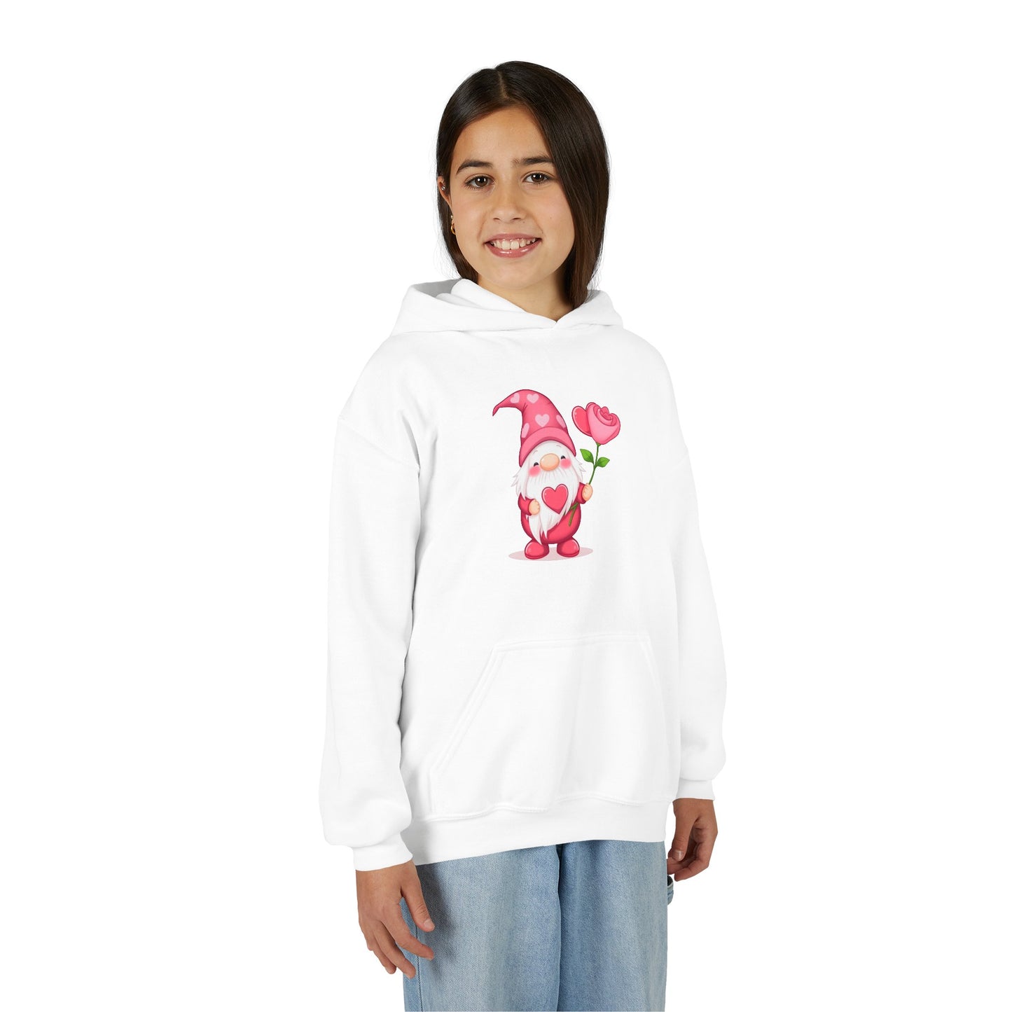 Valentine Gnome Kids Hoodie — Cute Pink Gnome Holding Rose Youth Sweatshirt