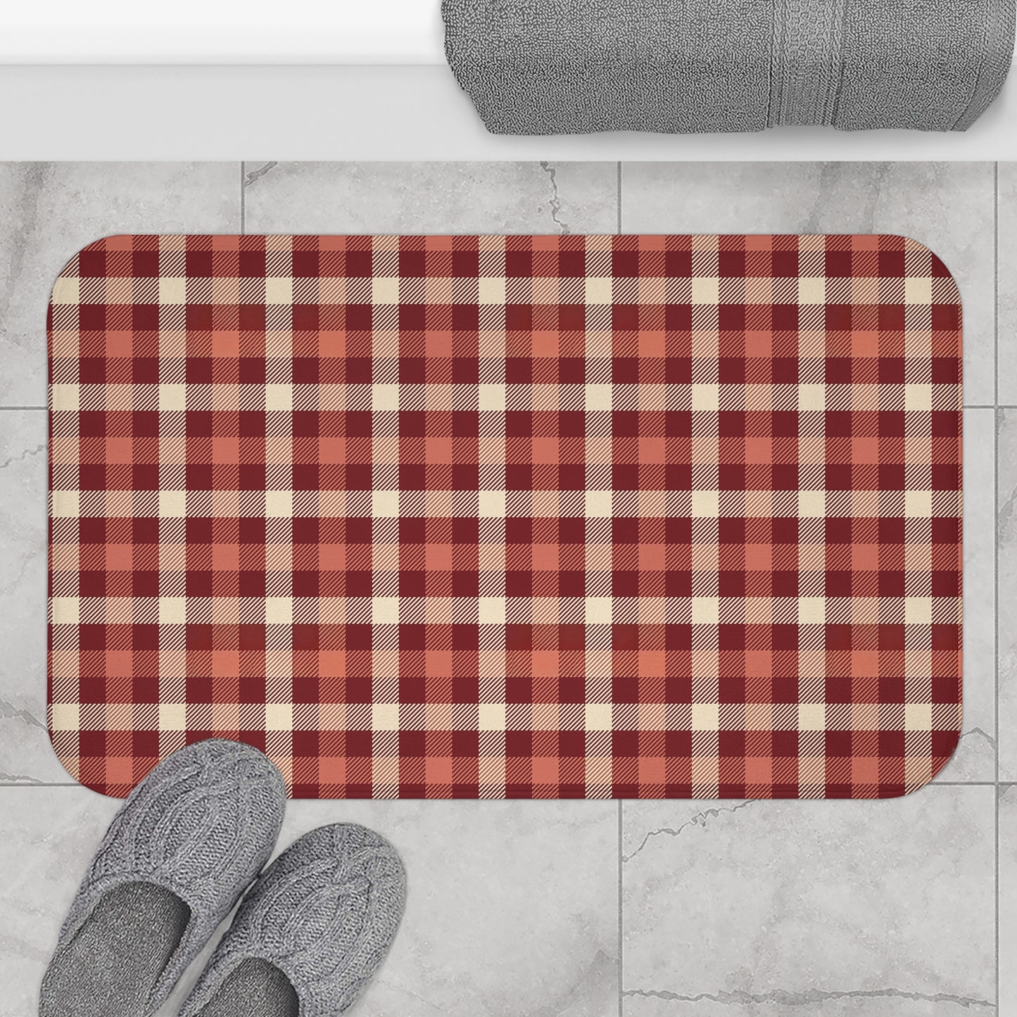 Cozy Rustic Plaid Bath Mat - Farmhouse Bathroom Decor, Non-Slip Shower Rug, Home Gift, Gingham Print, Country Style