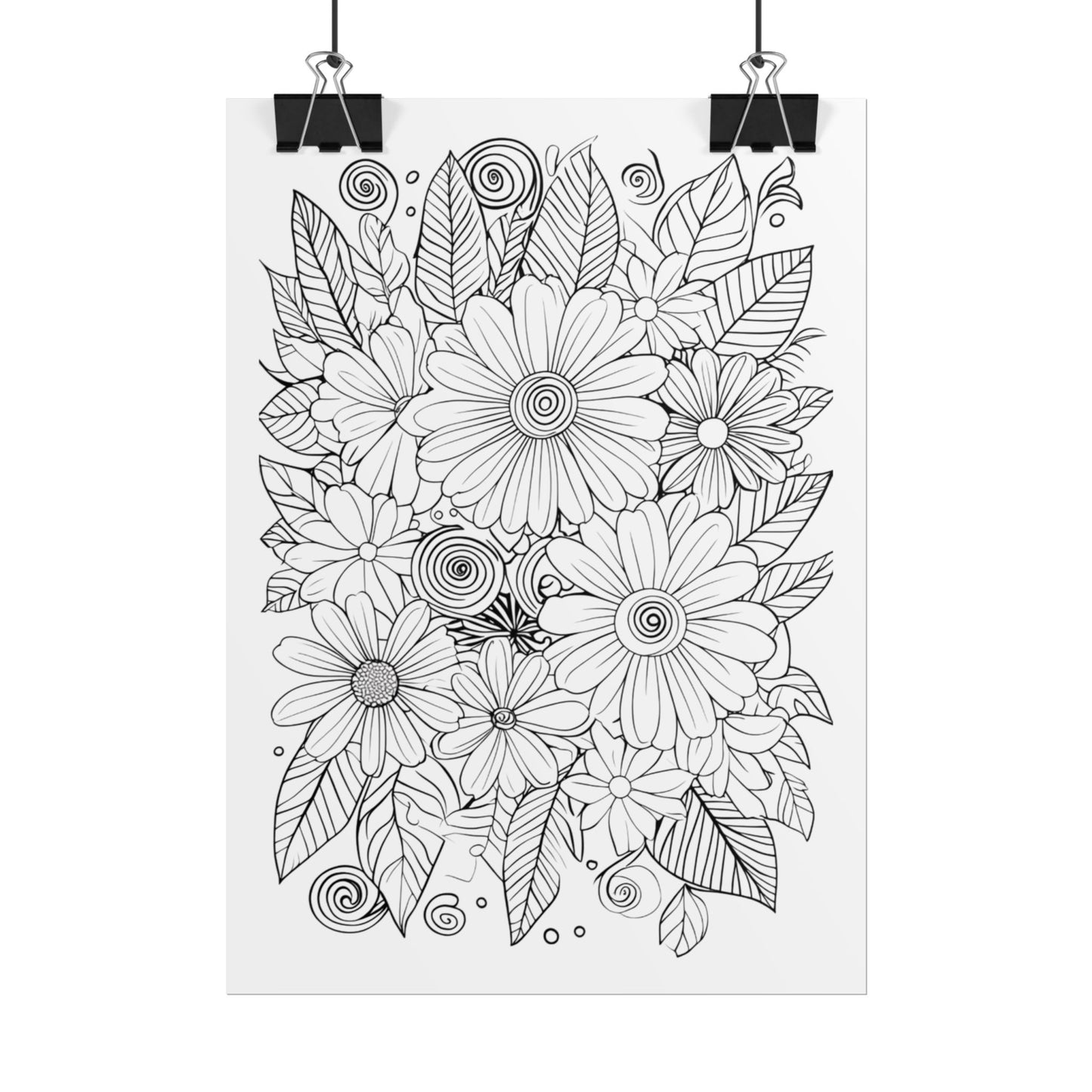 Floral Coloring Poster — Rolled Black & White Doodle Print for Adults, DIY Wall Art