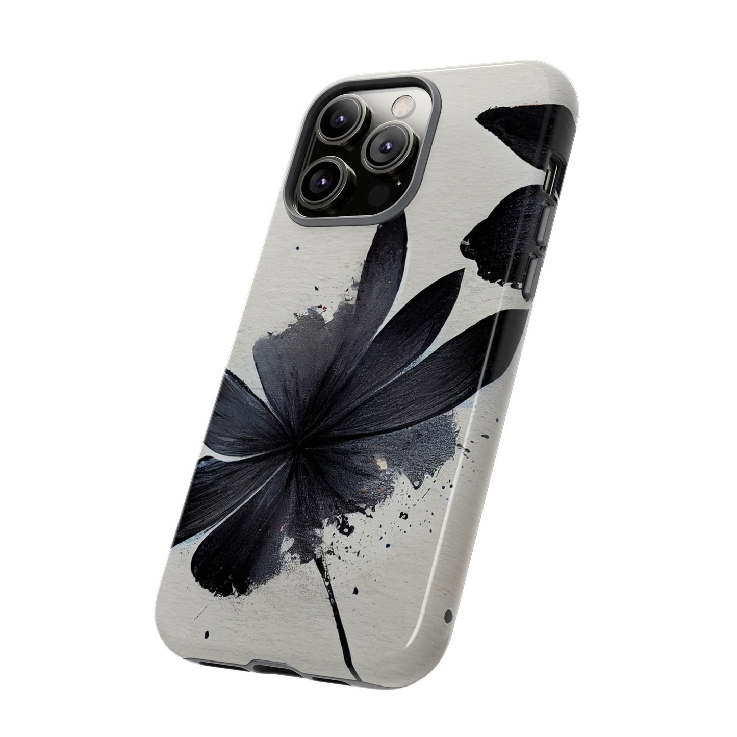 Monochrome Floral Tough Phone Case — Black Ink Flower Protective Cover