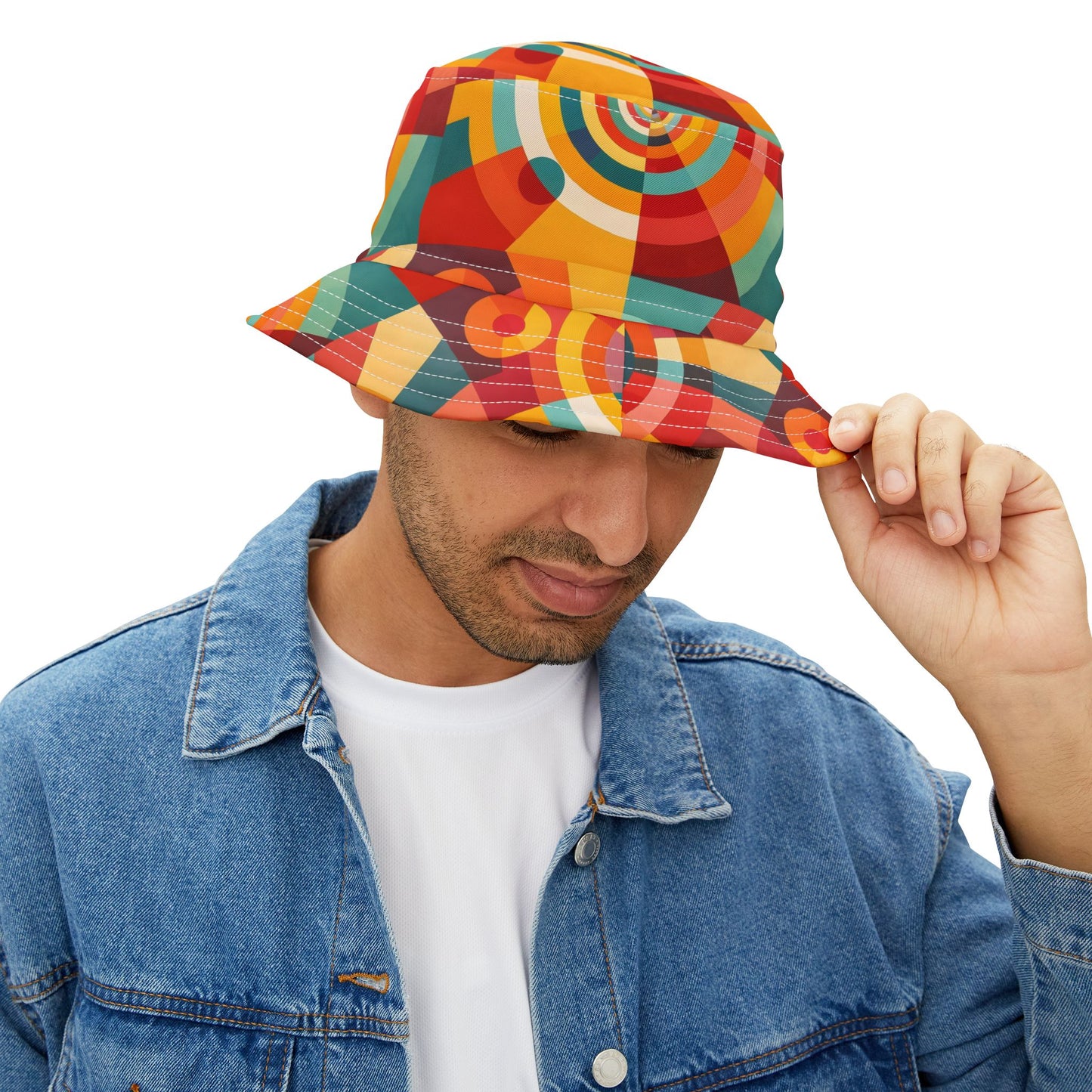 Retro Geometric Bucket Hat — Colorful 70s-Inspired Abstract Print