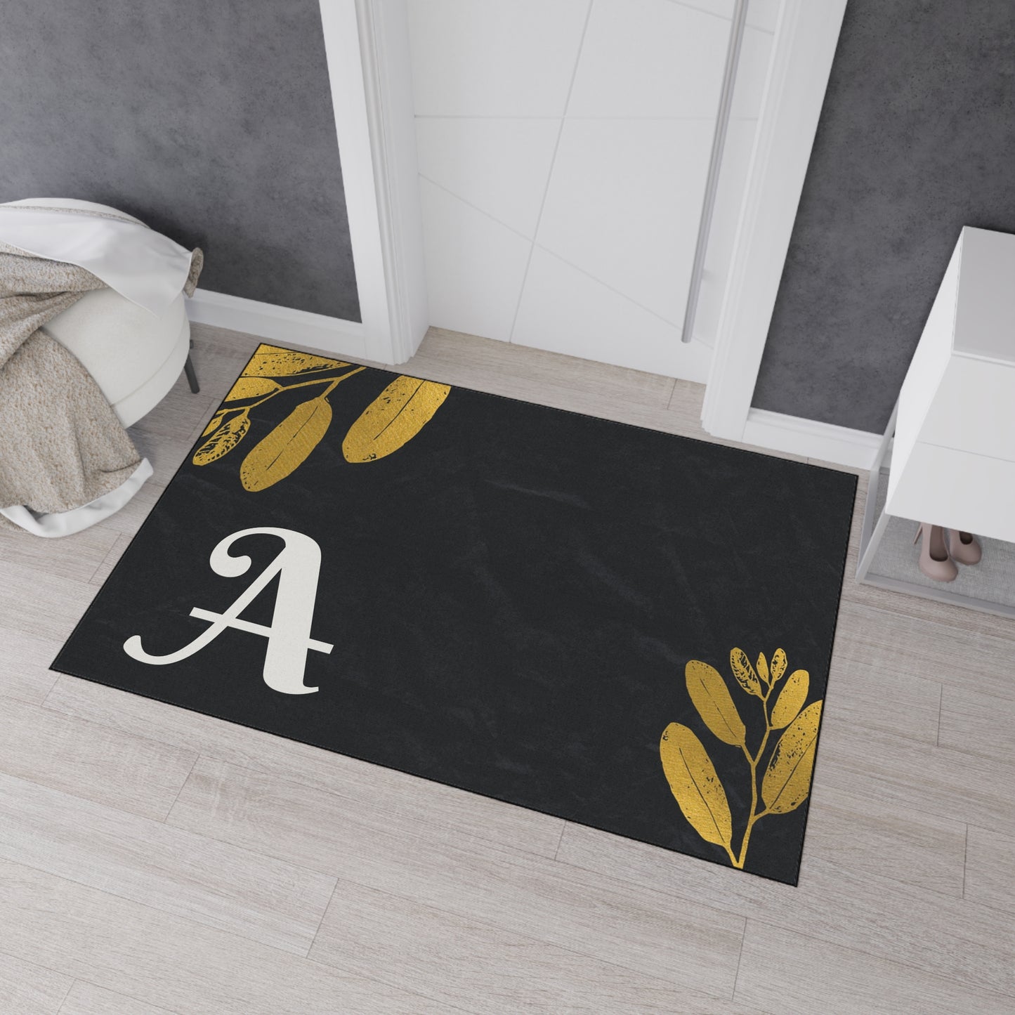 Monogram A Heavy Duty Floor Mat — Black & Gold Botanical Doormat