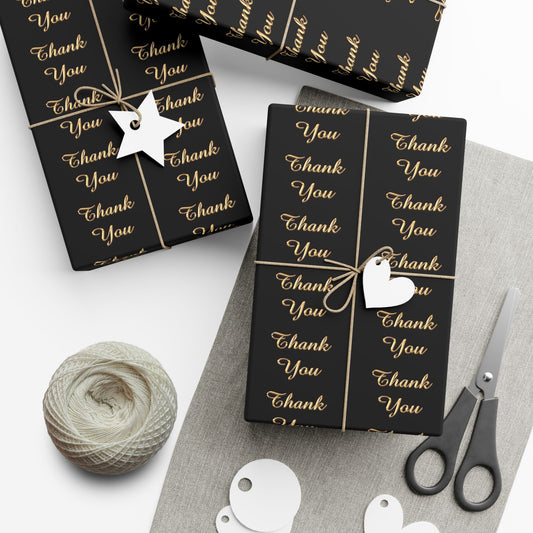 Gift Wrap Paper — Elegant Black & Gold “Thank You” Pattern (Thanksgiving, Weddings, Customer Gifts)