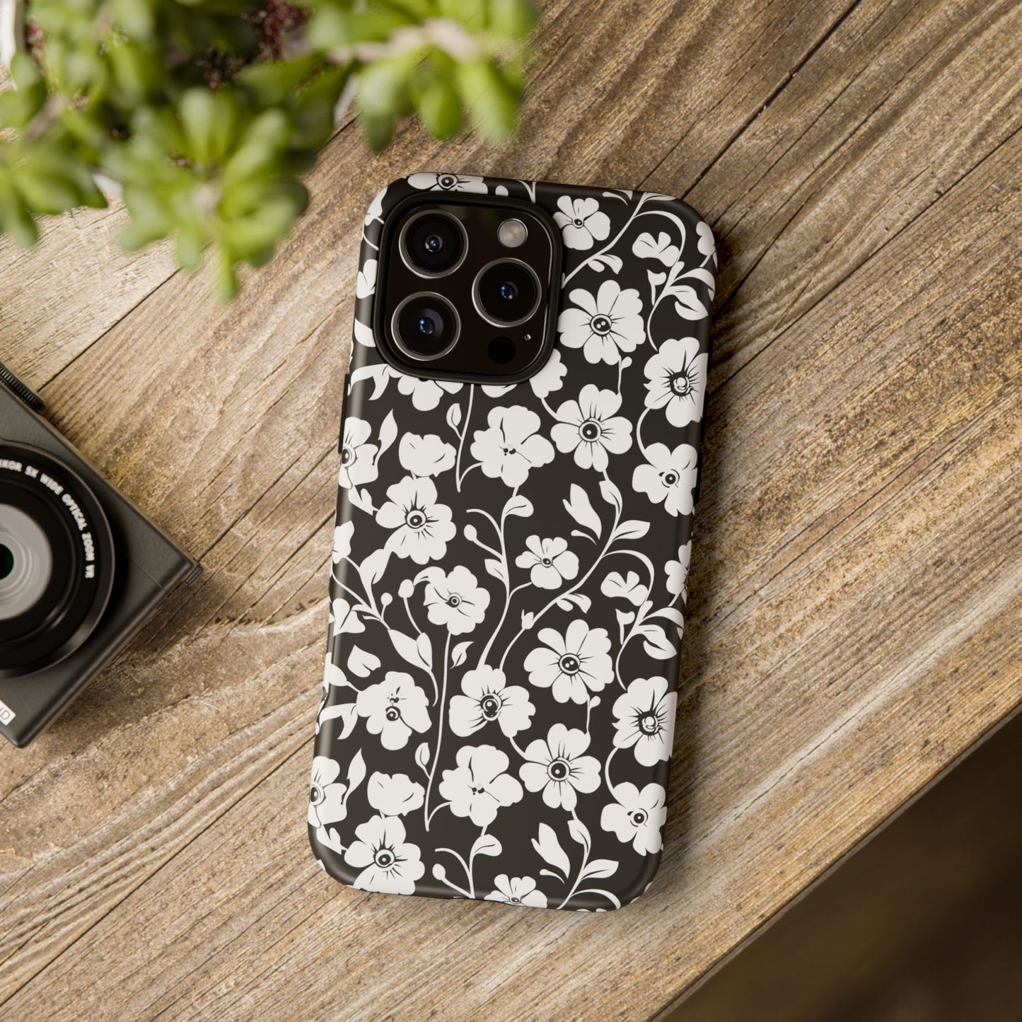 Floral Noir Tough Phone Case — Black & White Flower Protective Cover