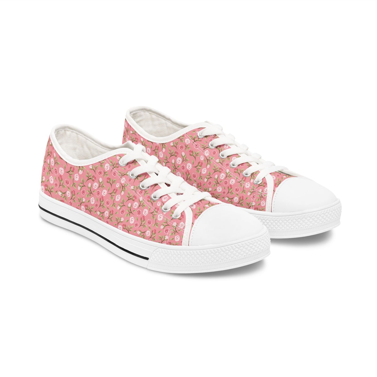Floral Pink Low Top Sneakers — Women's Cute Rose Pattern Canvas Shoes