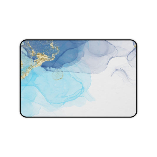 Ocean Blue Marble Desk Mat — Abstract Gold Accent Mouse Pad