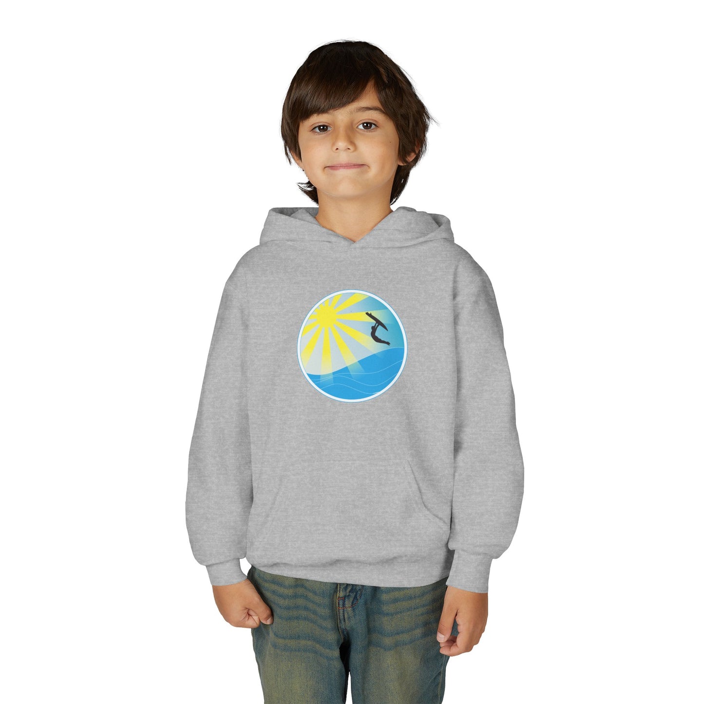 Sunrise Surf Circle Youth Hoodie | Surfing Wave Graphic
